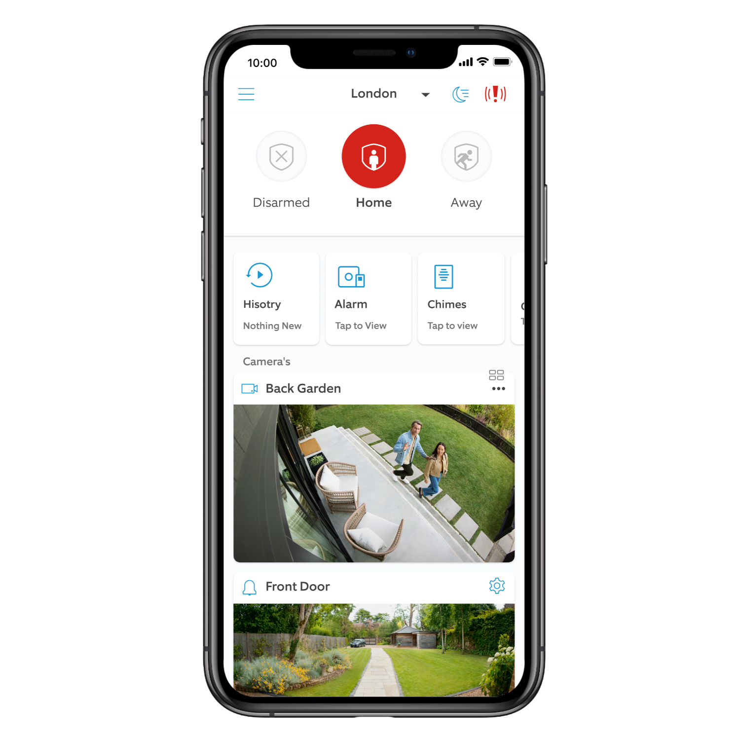 Phone displaying a security app interface, showing camera feed and control options.