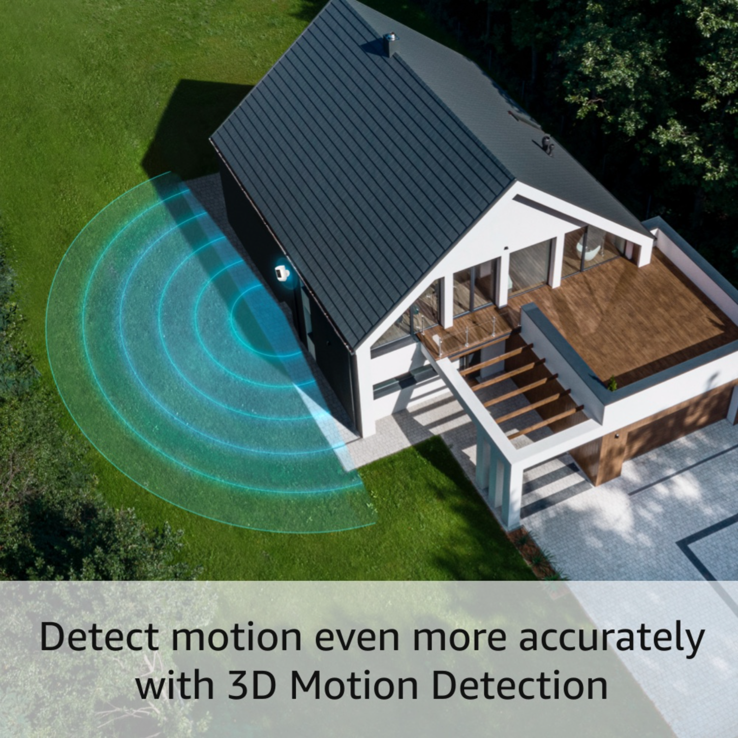 House with motion detection graphic. Blue circles indicate detection range.
