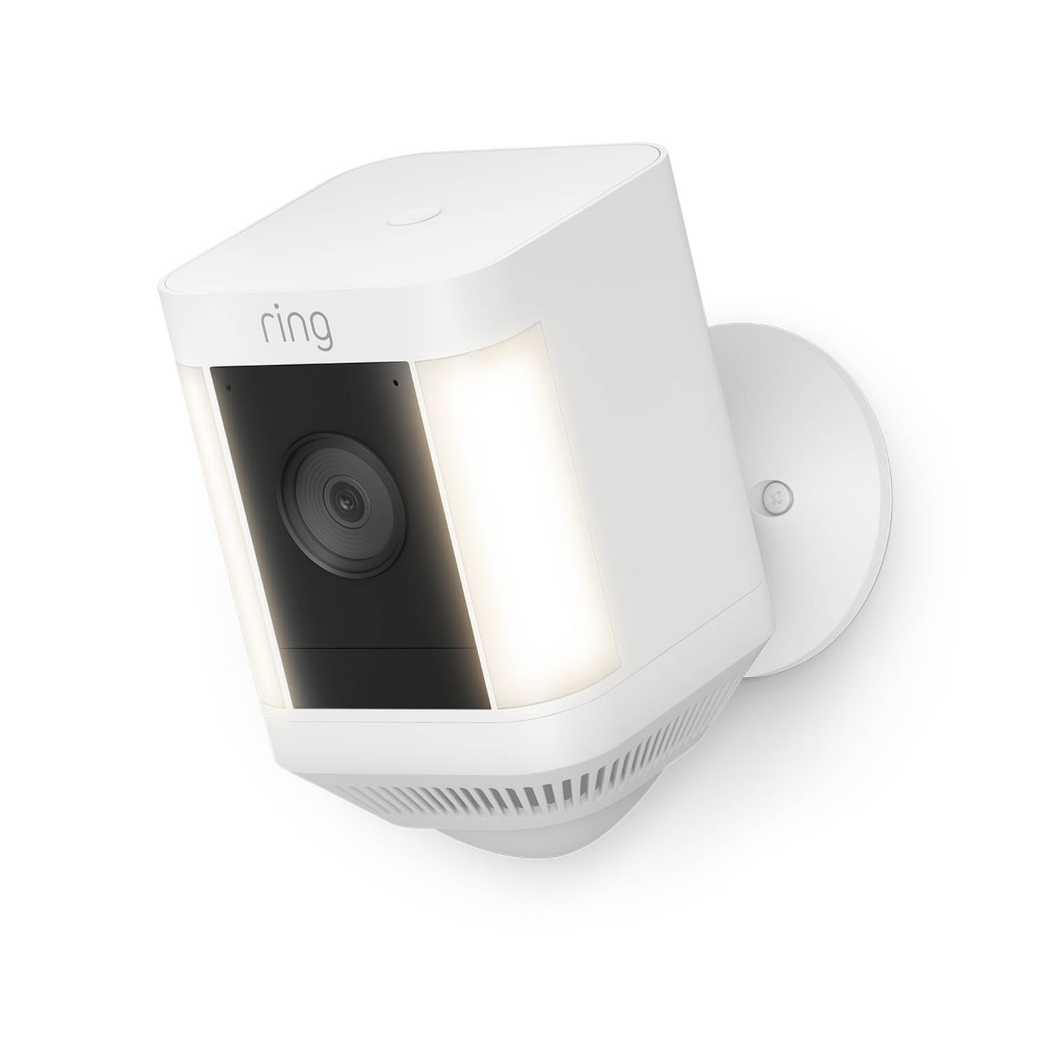 A white Ring security camera with a light is mounted on a wall. The camera is angled.