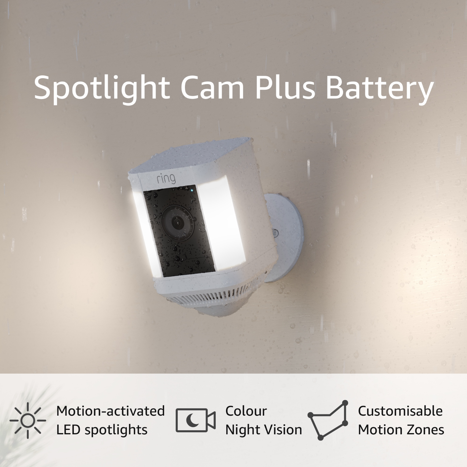 A white Ring Spotlight Cam Plus Battery camera on a wall, with rain and text.