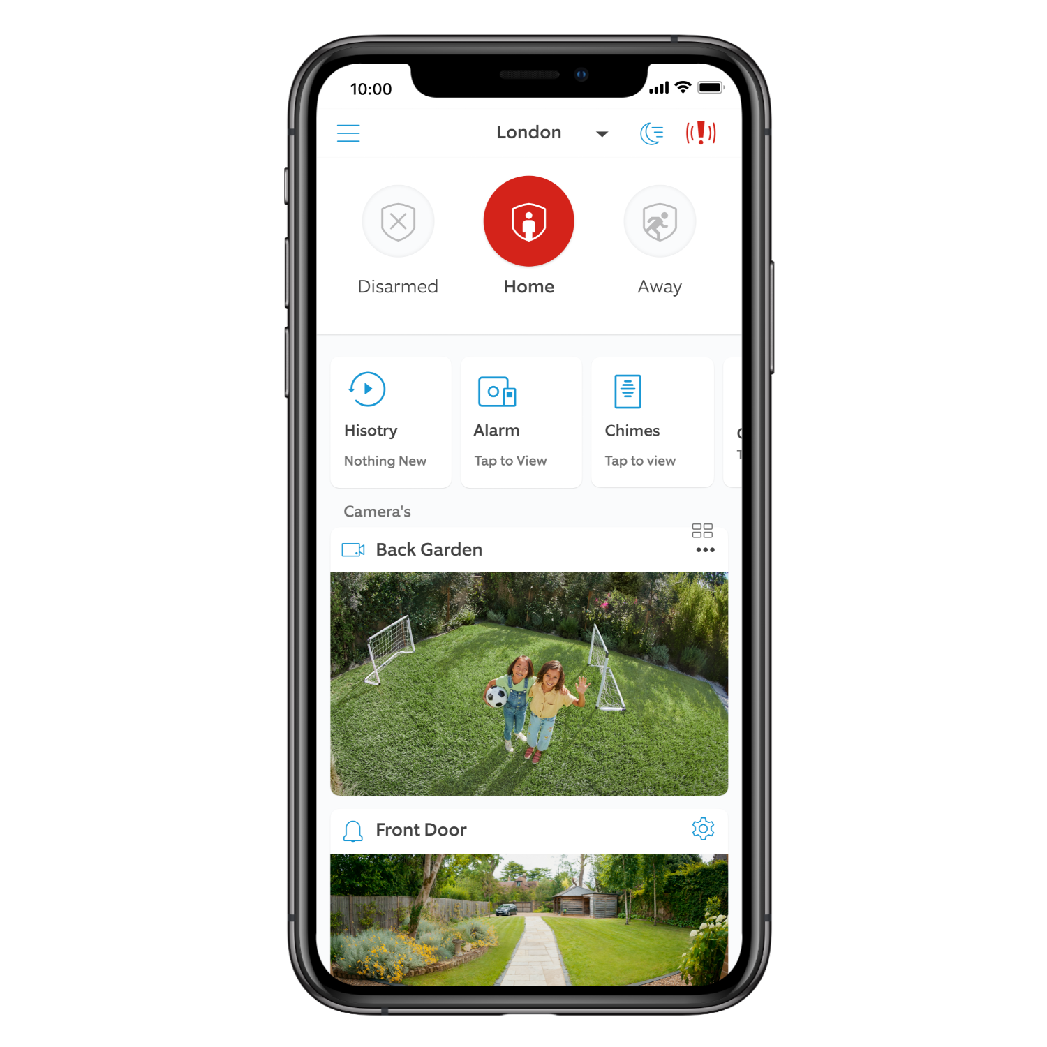 Smartphone displaying a home security app with a view of a backyard with two kids.