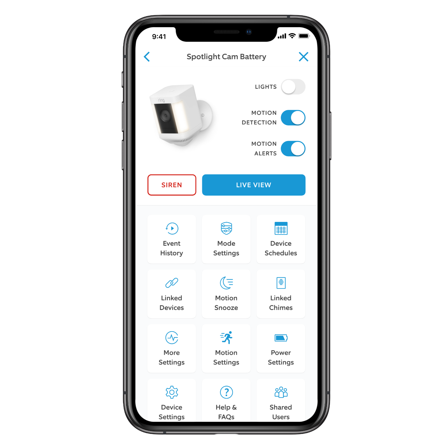 Smartphone screen showing a Ring security camera app interface with setting options.