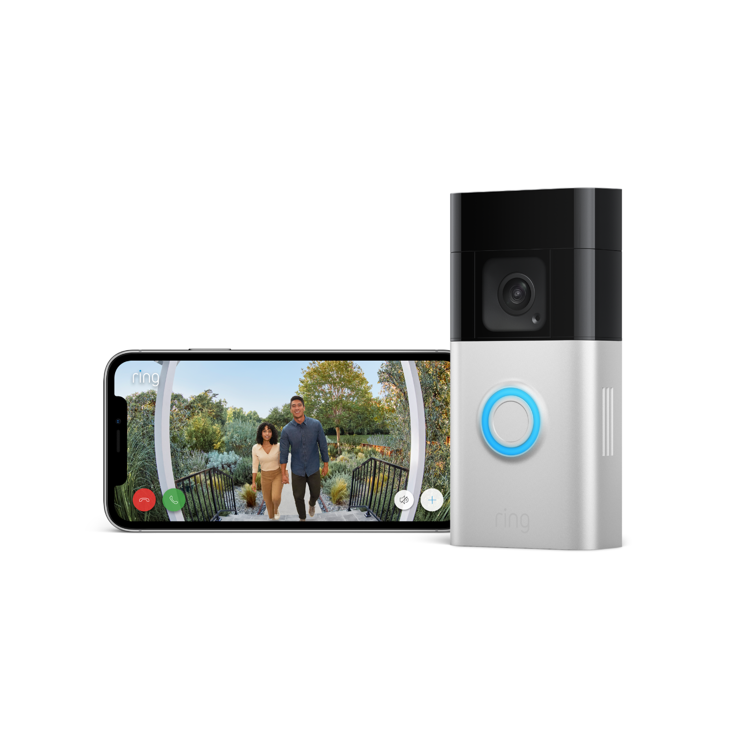 A person holding a phone showing a Ring doorbell view with people, and a Ring doorbell.