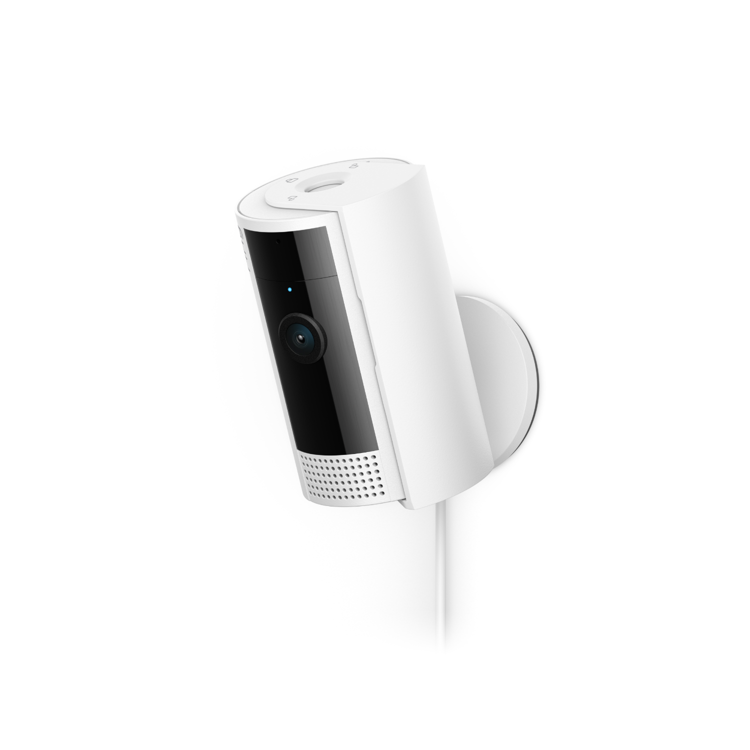 Een witte Ring camera aan een muur gemonteerd, met een zwarte voorkant en een blauw licht.