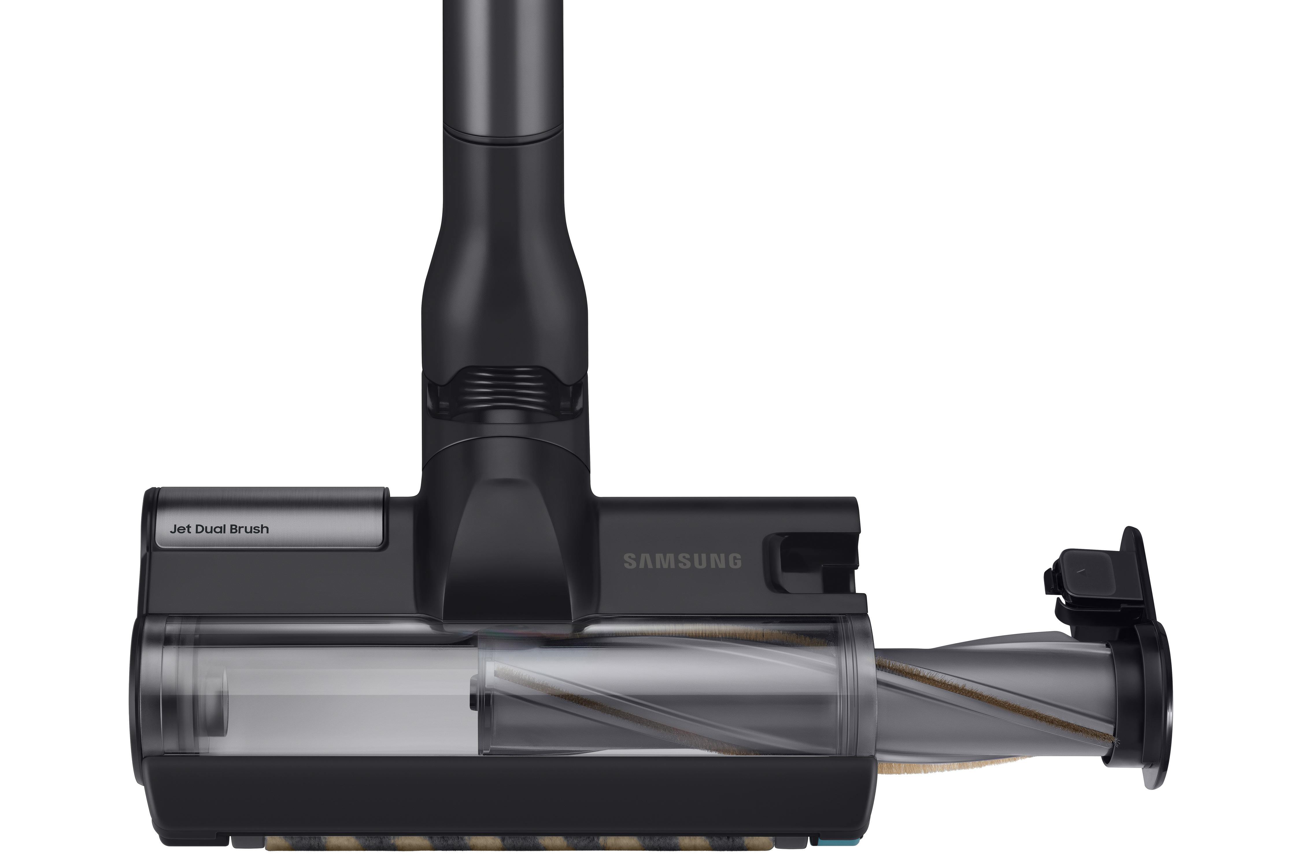 Schwarzer Samsung Staubsaugerkopf. Er hat eine rotierende Bürste und einen transparenten Zylinder. Die Worte "Jet Dual Brush" sind sichtbar.