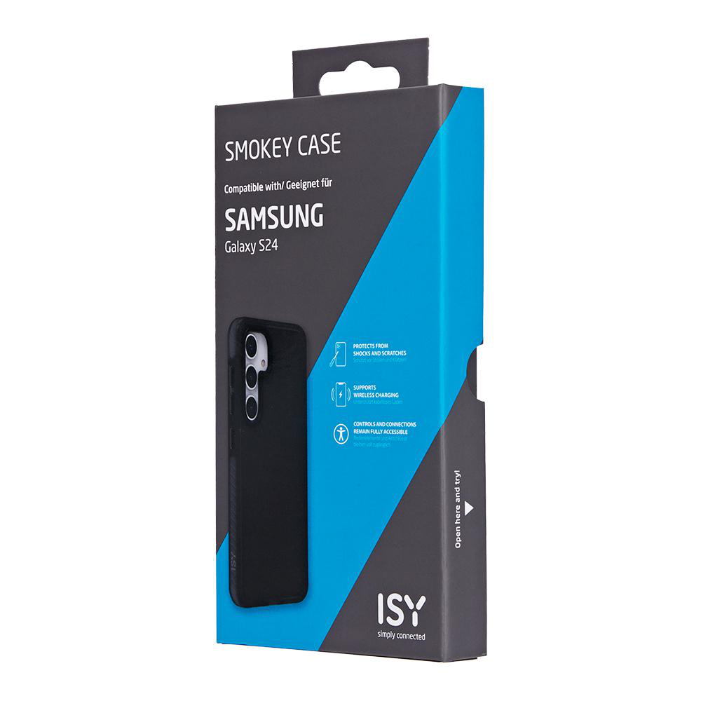 Schachtel für eine Samsung Galaxy S24 Handyhülle. Sie ist schwarz mit weißem Text.