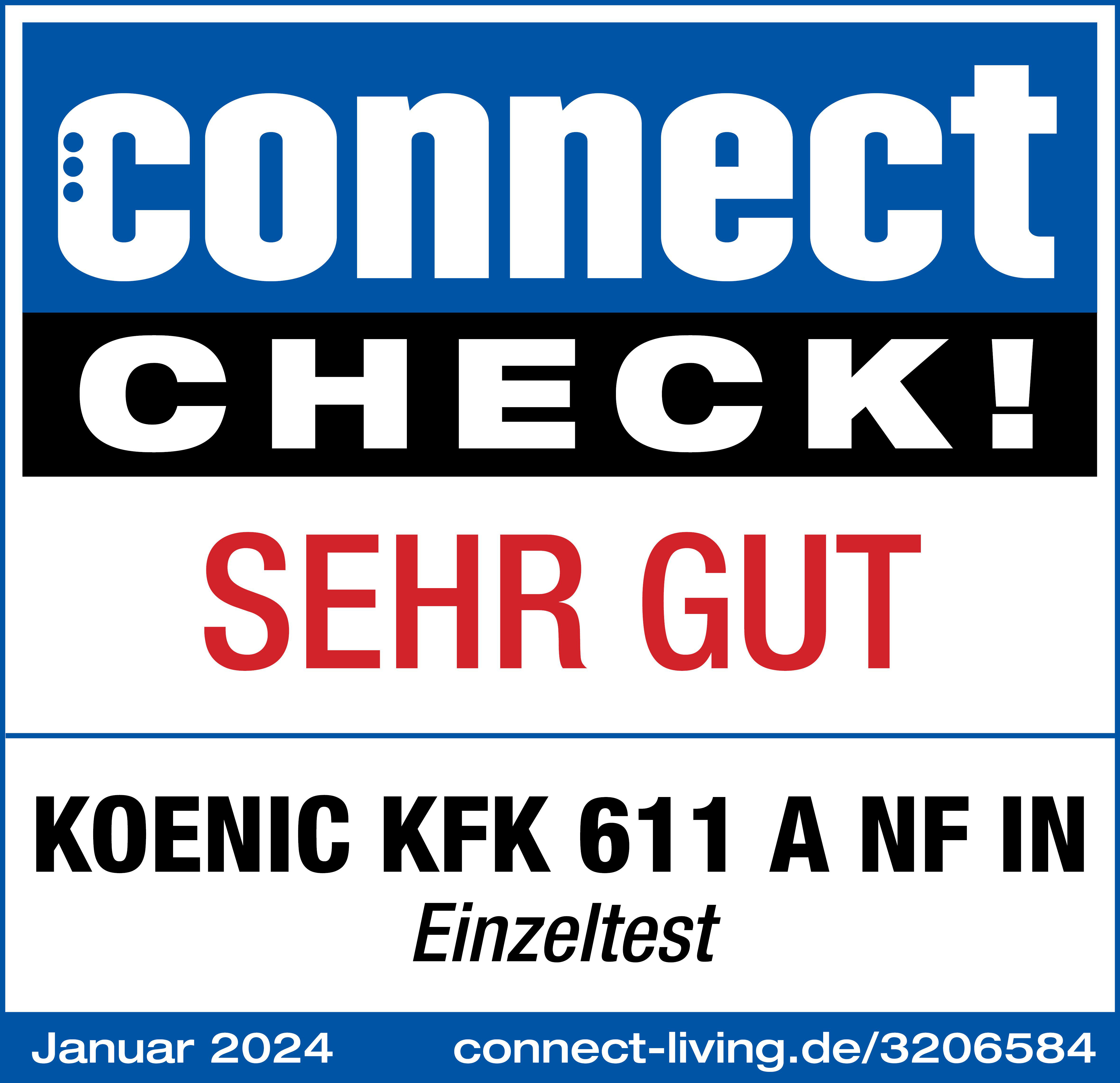 Blau-weißes Logo mit Text 'connect CHECK! SEHR GUT' und Produktdetails.