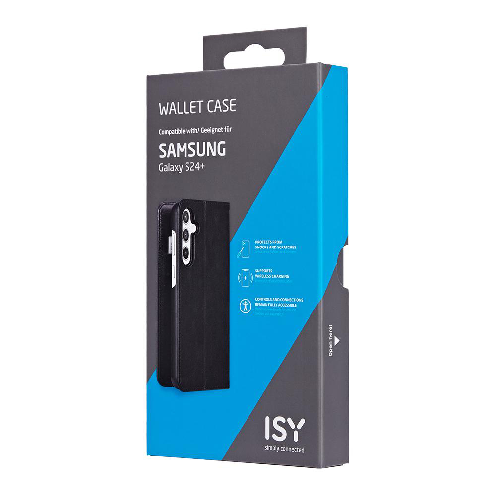 Wallet Case Verpackung für Samsung Galaxy S24+, mit Produktdetails und Bildern.