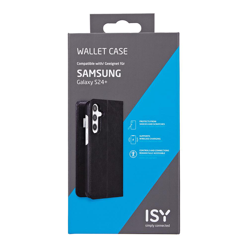 Schwarze Handyhüllenbox. Es steht "Wallet Case" und kompatibel mit Samsung Galaxy S24+.