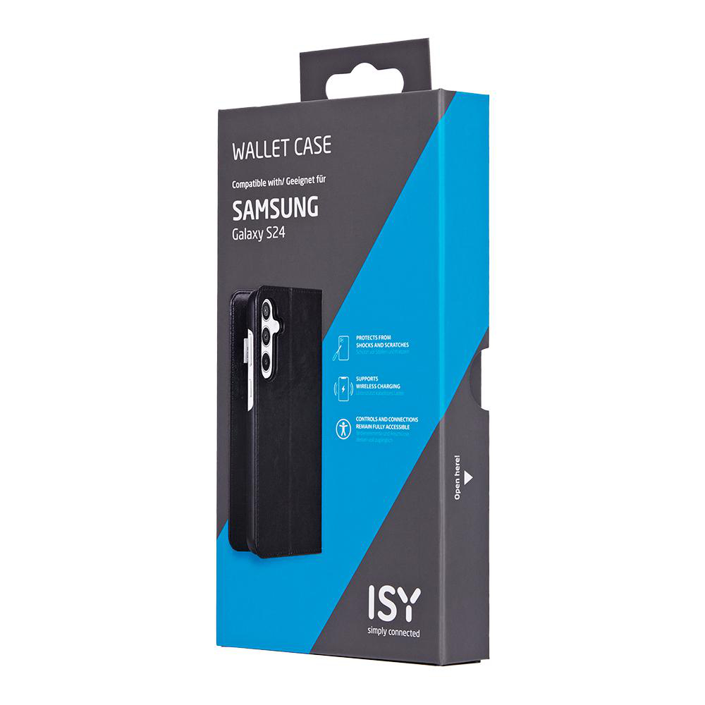 Schwarzes Wallet Case für ein Samsung Galaxy S24 Smartphone, in der Verpackung.