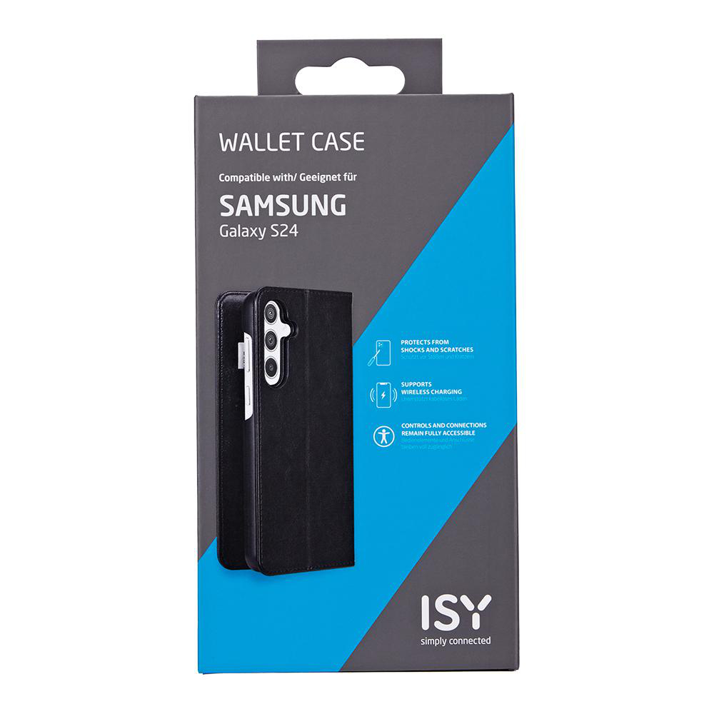 Schwarzes Wallet Case für ein Samsung Galaxy S24. Es schützt vor Stößen und Kratzern.