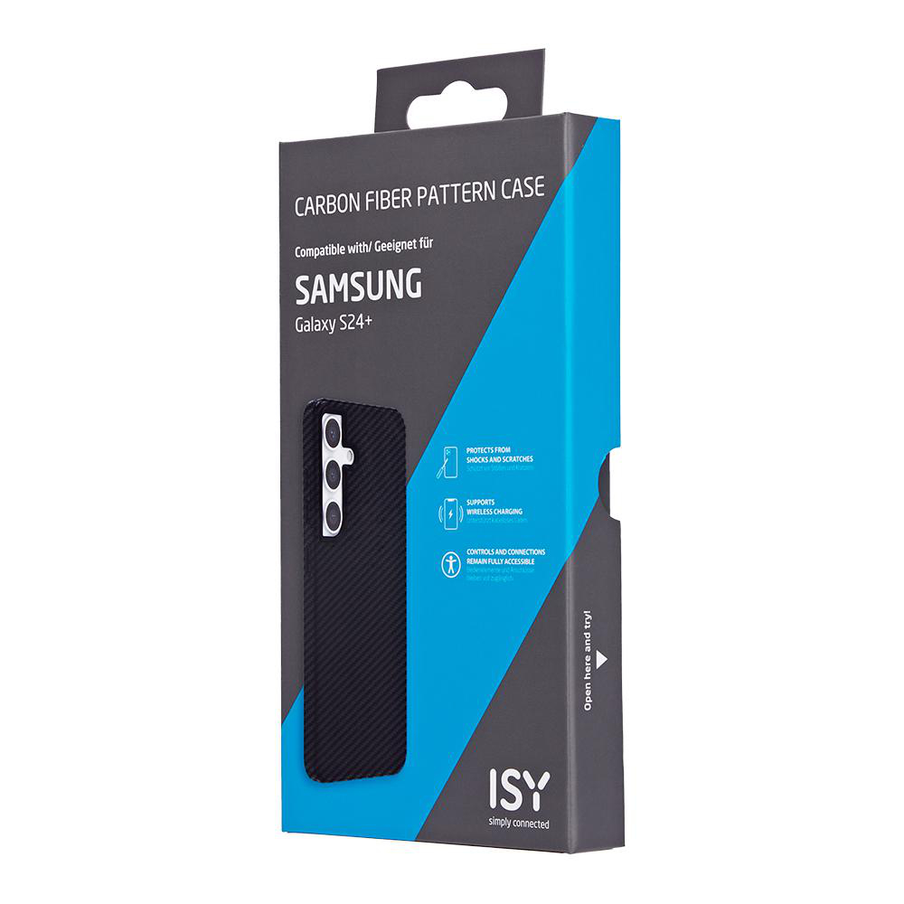 Schachtel für eine Samsung Galaxy S24+ Handyhülle. Schwarz, mit Karbonfasermuster. Text und Bilder.