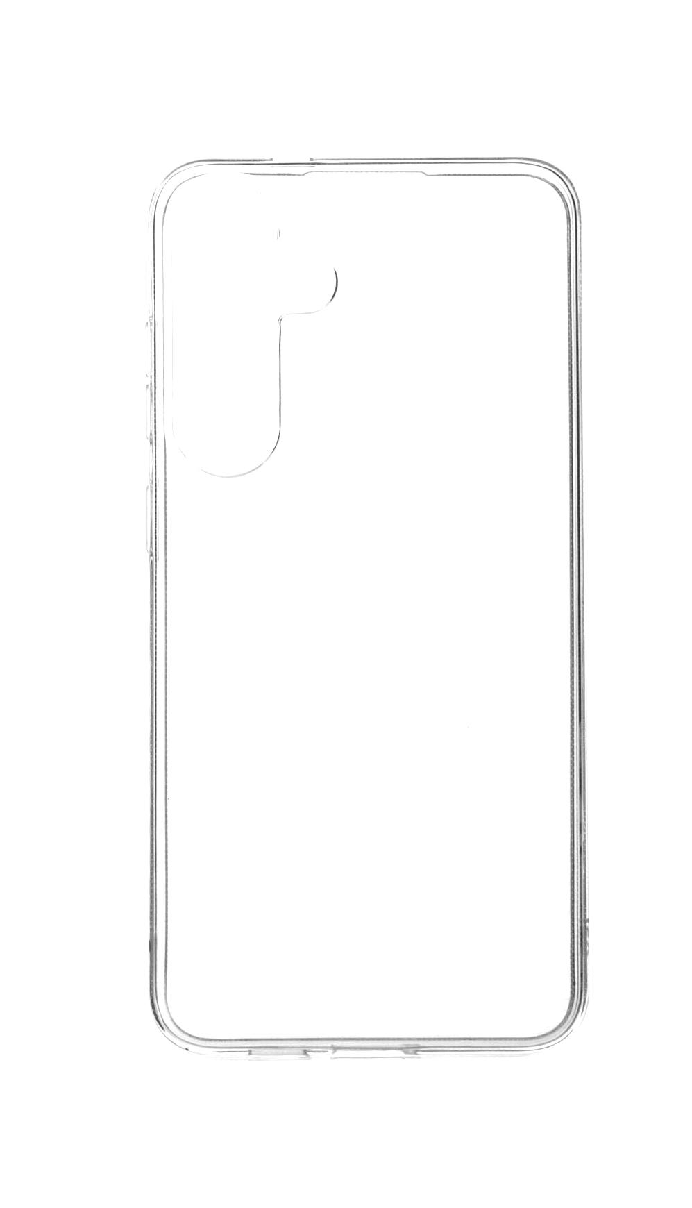 Eine transparente Handyhülle mit Aussparungen für Kamera und Knöpfe, weißer Hintergrund.