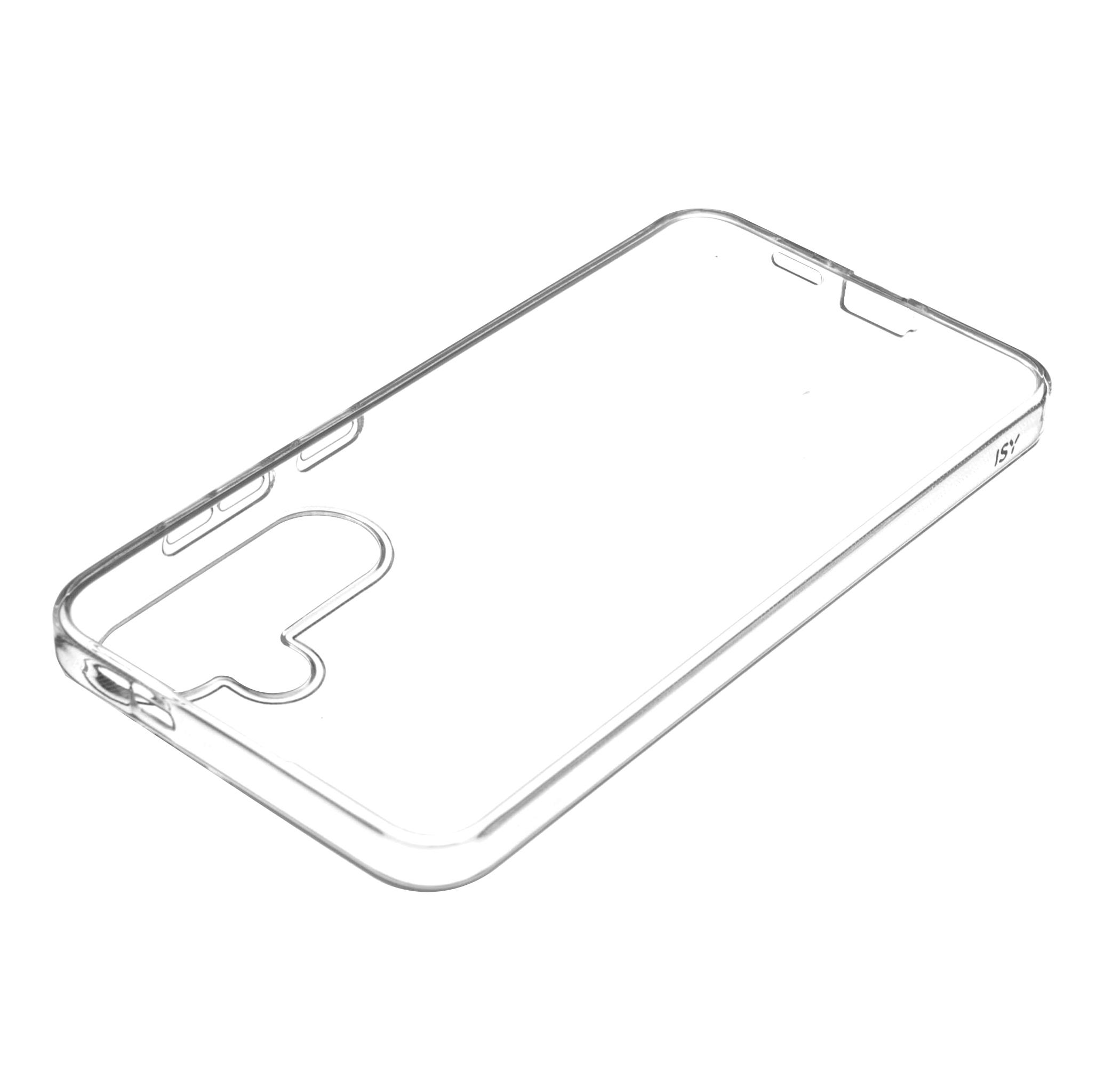 Transparente Handyhülle, schräge Ansicht auf weißem Hintergrund.