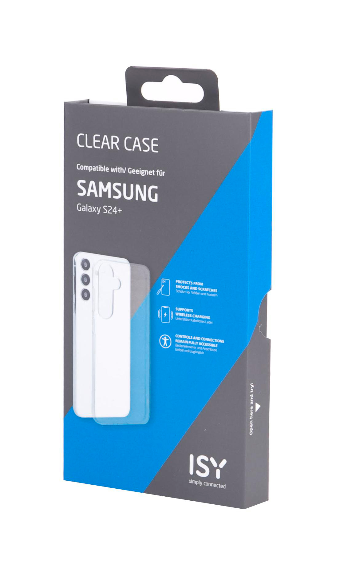 Klare Hülle für Samsung Galaxy S24+. Die Box ist blau und grau und zeigt ein Telefonbild.