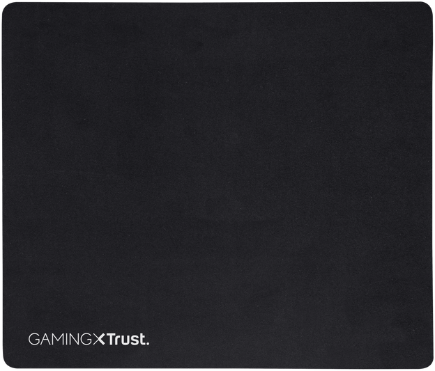 Fekete egérpad 'GAMING X Trust' felirattal. A felület sima fekete.