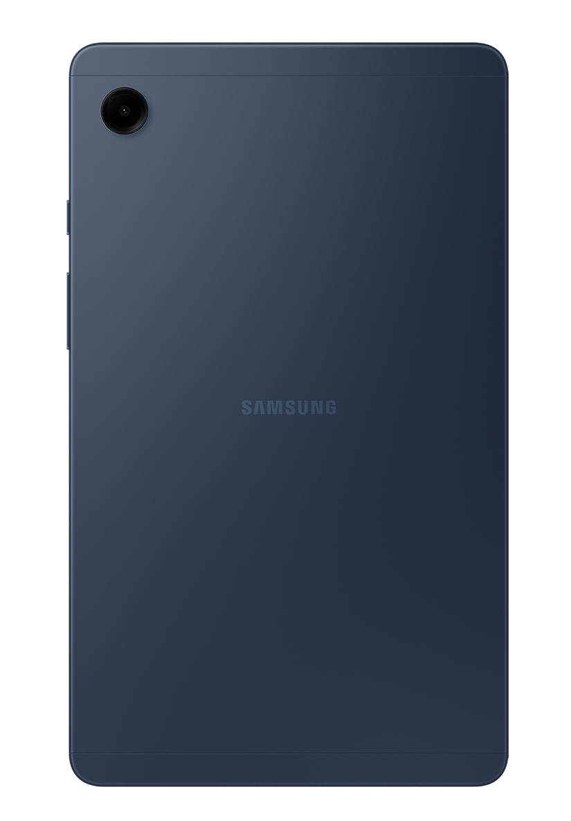 Tył ciemnoniebieskiego tabletu z logo Samsung i aparatem. Czarne tło.