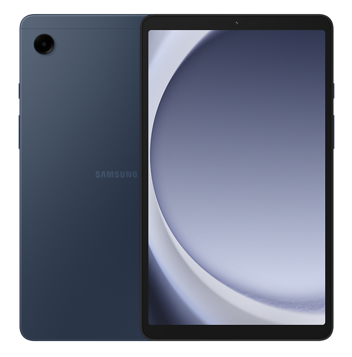 Niebieski tablet z logo Samsung. Wyświetla jasny ekran. Tył jest niebieski.