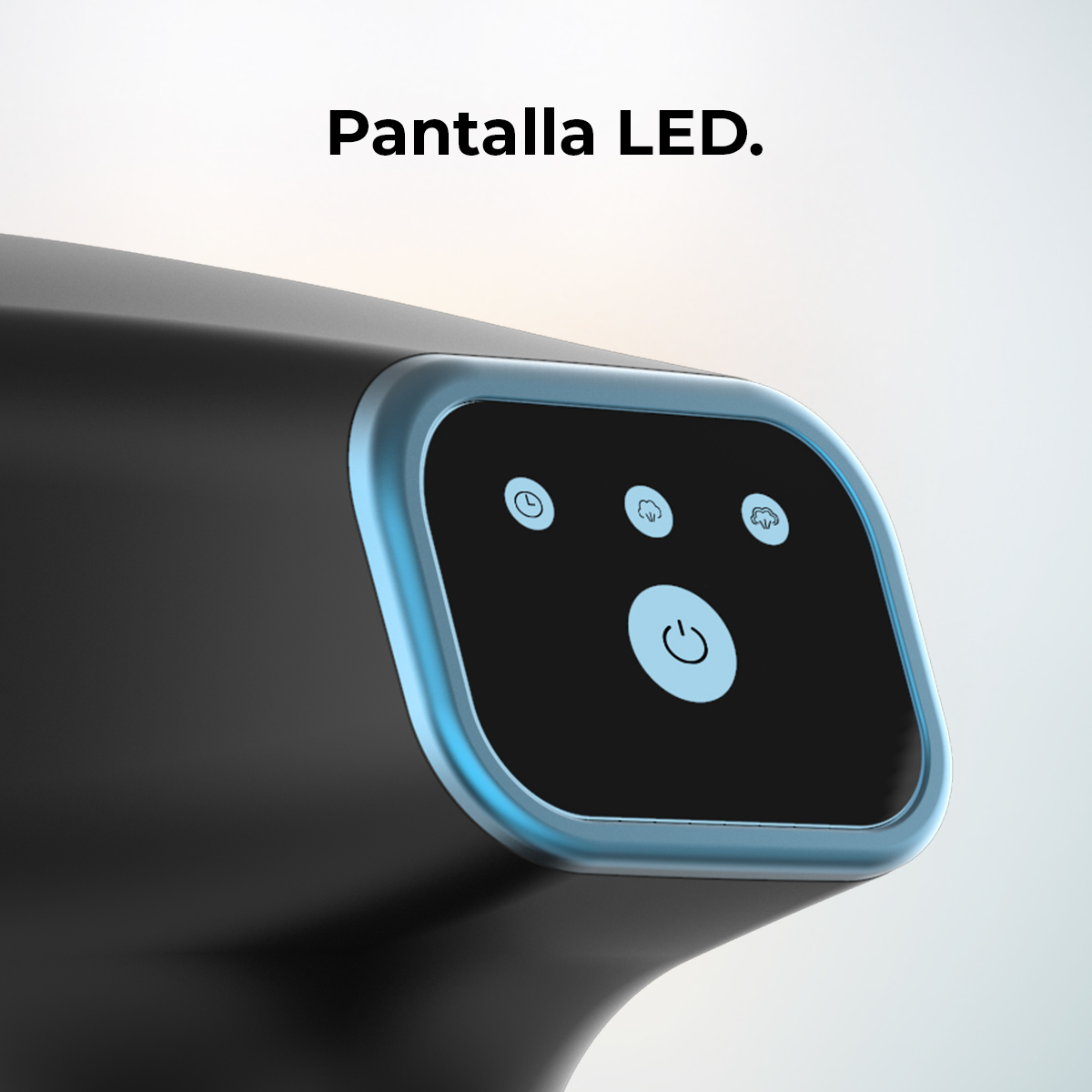 Primer plano de un dispositivo negro con pantalla y botones. Texto 'Pantalla LED' en la parte superior.