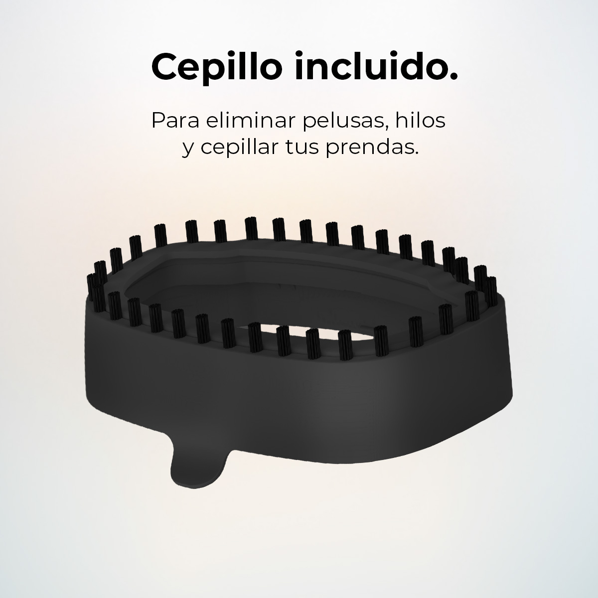 Recortadora negra con cepillo. Texto en español: 'Cepillo incluido. Para eliminar pelusas, hilos y cepillar tus prendas'.