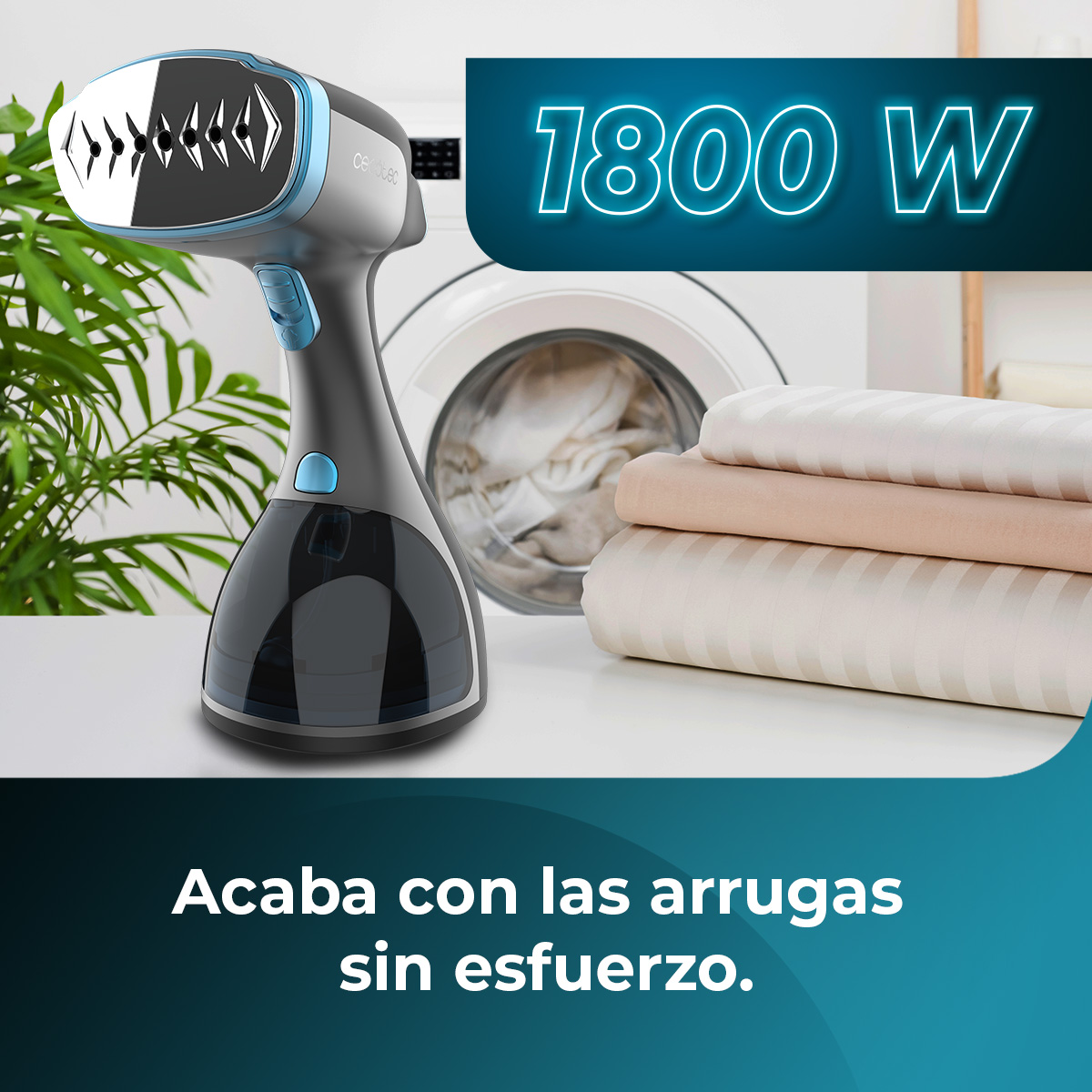 Un vaporizador de ropa negro y gris con texto y ropa sucia.