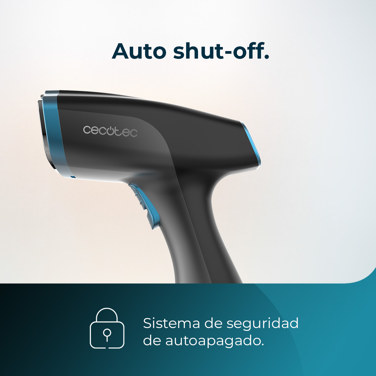 Un vaporizador de mano negro y azul con texto y un icono de candado.