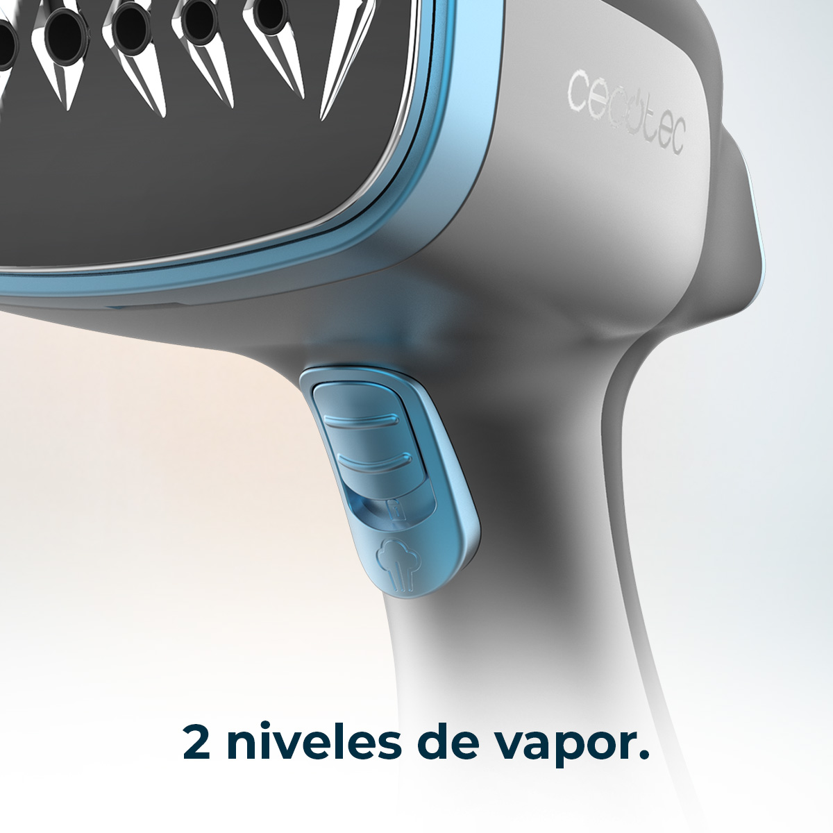 Primer plano de un vaporizador blanco y gris con un botón azul.