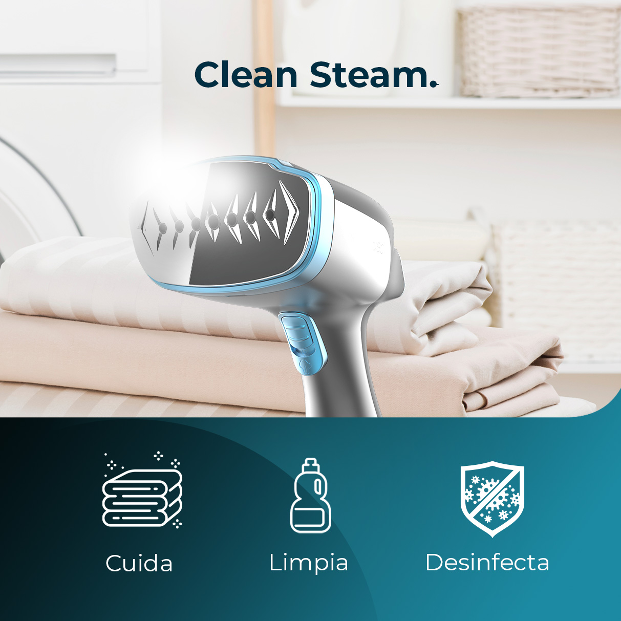 Un vaporizador de mano está vaporizando una pila de sábanas.