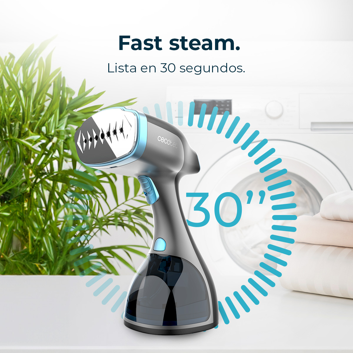 Una plancha de vapor gris con un acento azul, con un fondo de lavandería y plantas.