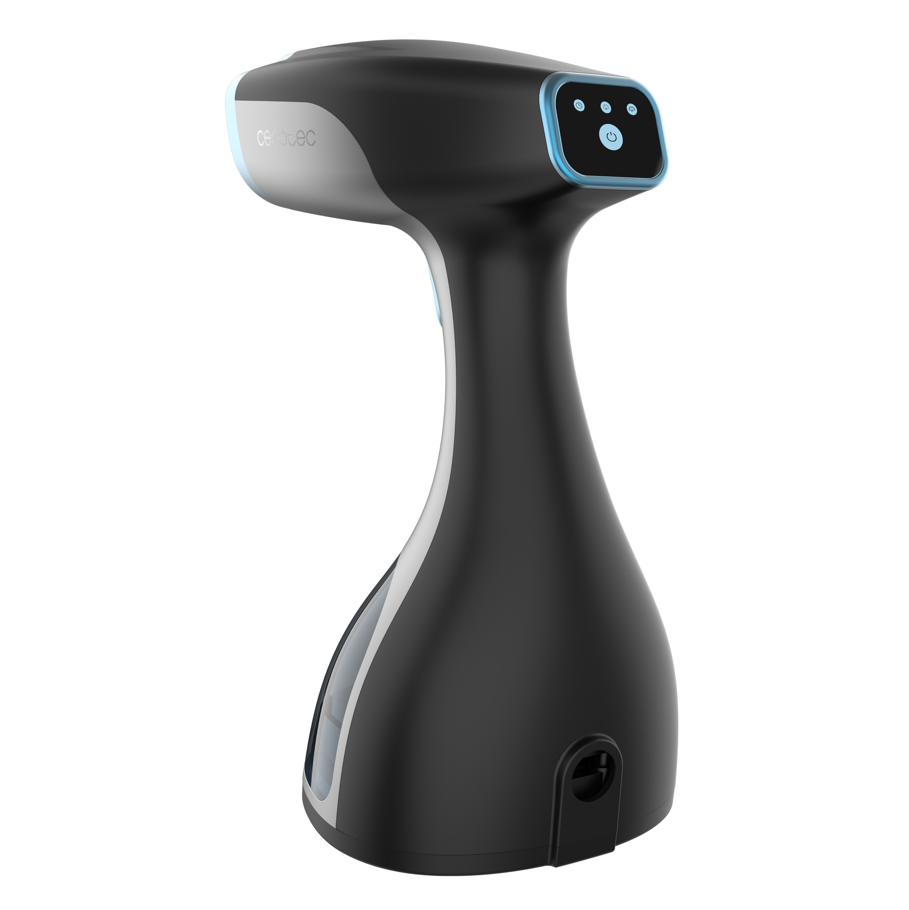 Vaporizador de mano negro y plateado. Tiene una boquilla y un botón de encendido. Colocado sobre fondo negro.