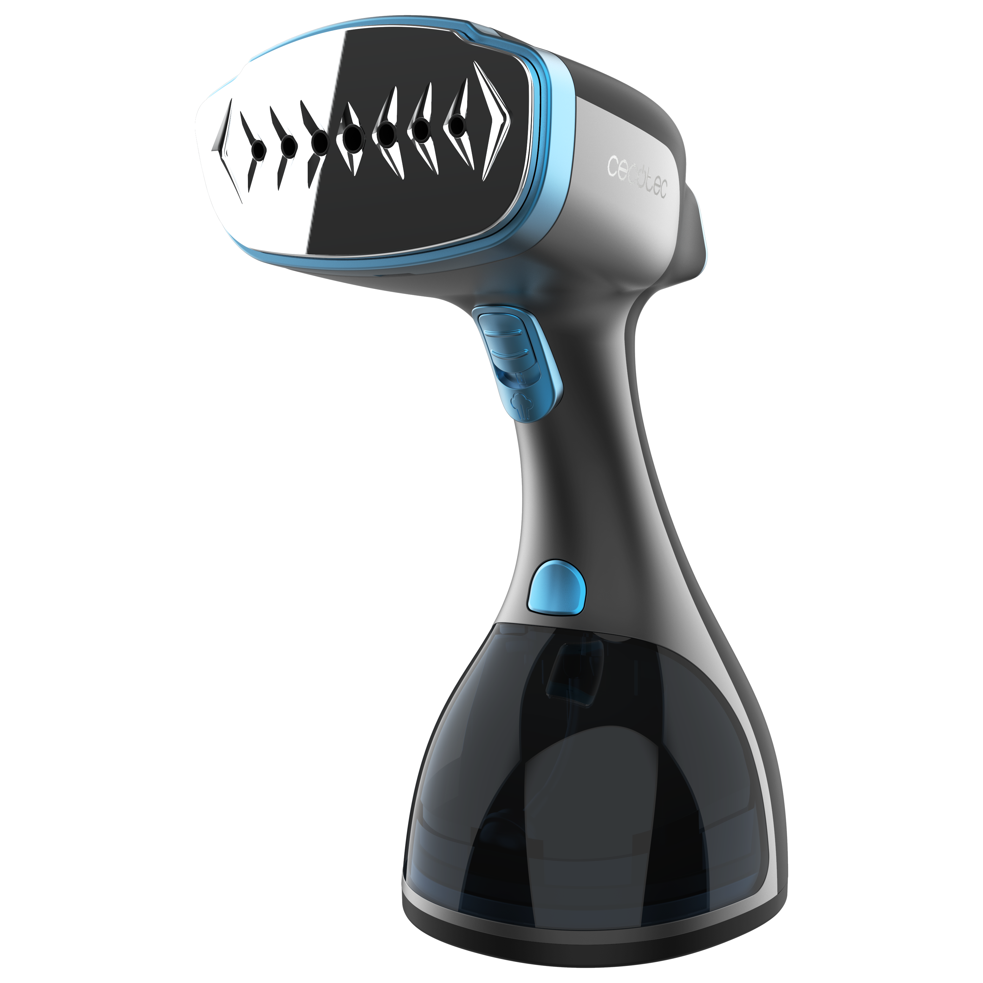 Un vaporizador de mano negro y azul con cabezal plateado.