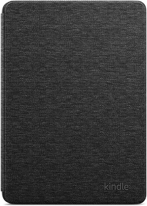 Una funda Kindle cerrada, gris oscuro, con el nombre de la marca en la parte inferior.