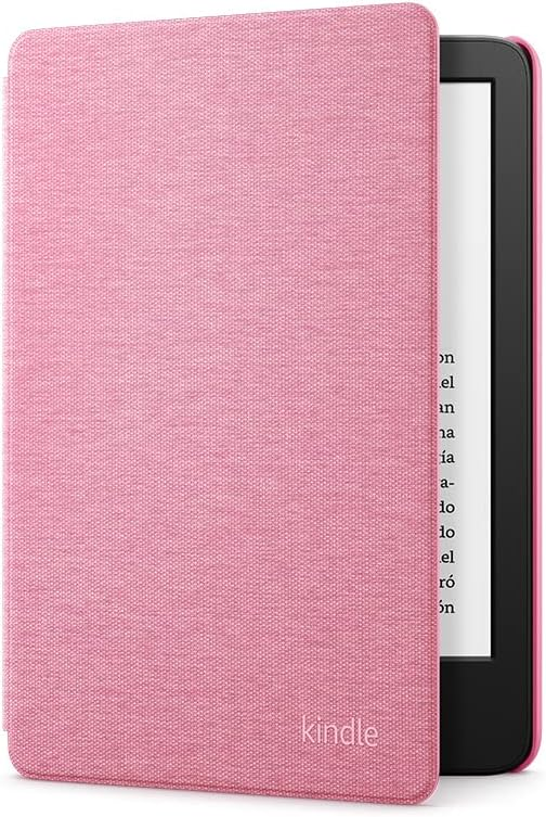 Funda Kindle rosa parcialmente abierta, mostrando el dispositivo con texto en pantalla.