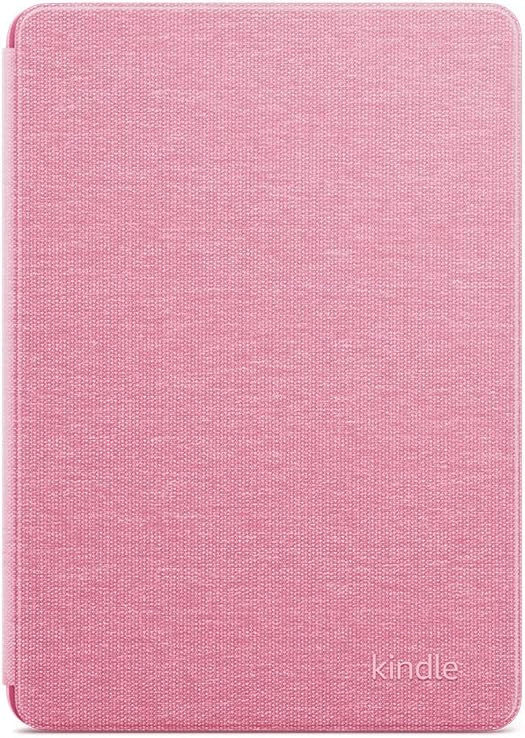 Una funda Kindle rosa. El logotipo de Kindle está en la parte inferior derecha.