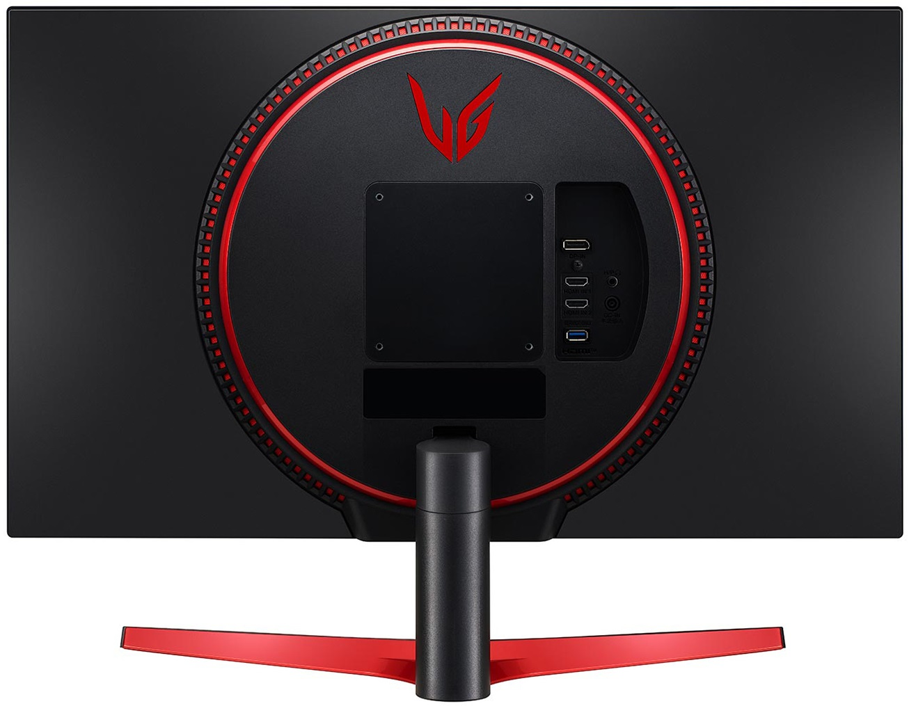 Tył czarnego monitora z czerwonymi akcentami, widoczne porty. Czarny stojak, czerwona podstawa.