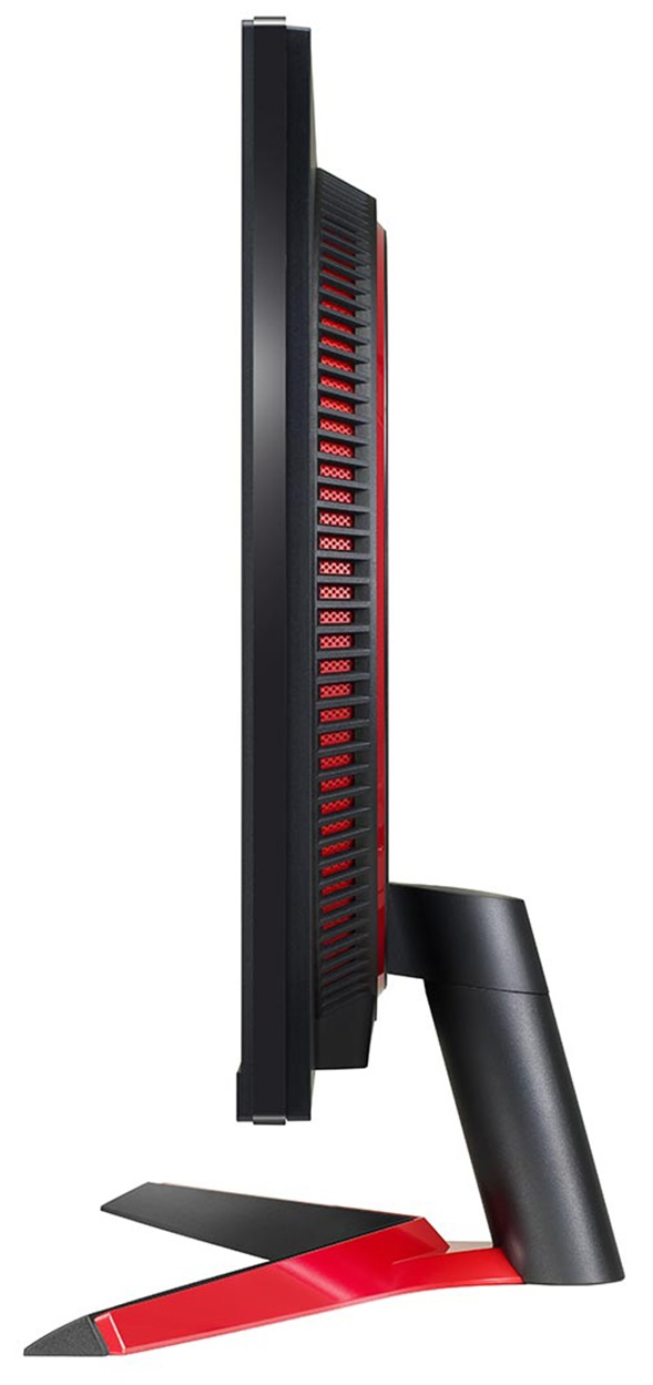 Widok z boku czarnego i czerwonego monitora komputera. Monitor ma podstawę. Czerwony akcent jest widoczny z tyłu.