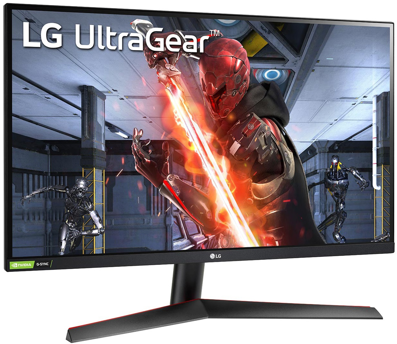 Monitor LG UltraGear z widoczną sceną z gry z postaciami i eksplozjami.