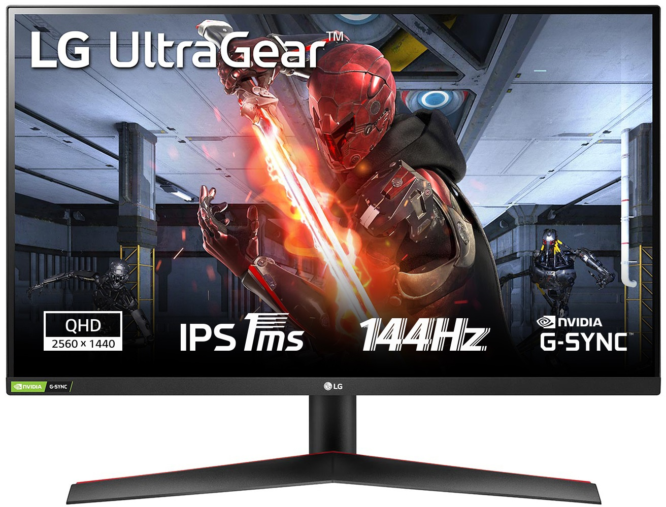 Monitor do gier LG UltraGear. Czarny stojak z czerwonymi akcentami. Wyświetlacz QHD 2560 x 1440 z Nvidia G-Sync.