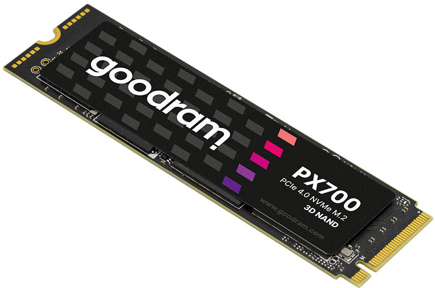 Czarny i ciemnoszary dysk SSD Goodram PX700 NVMe M.2 3D NAND. Etykieta mówi 'PX700'.