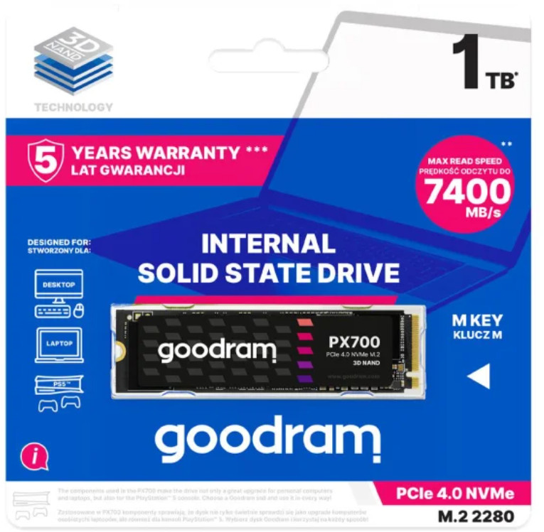 Opakowanie wewnętrznego dysku SSD Goodram z danymi na nim.