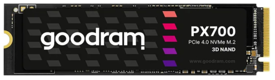 Dysk SSD Goodram PX700 NVMe M.2, czarny z białym logo i paskami kolorów, PCIe 4.0.