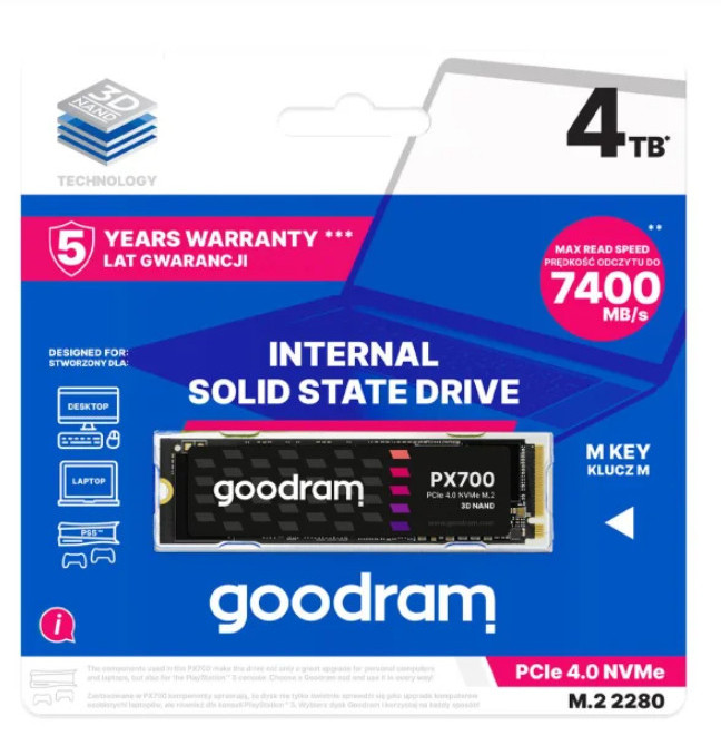 Dysk SSD Goodram z czarną etykietą, na której u góry napis '4TB'.
