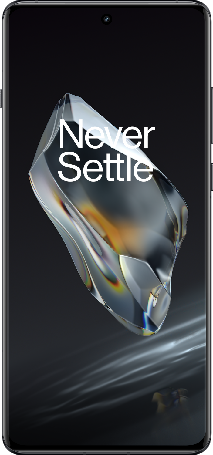 OnePlus telefoon met een zwart scherm met "Never Settle" en een reflecterende achtergrond.
