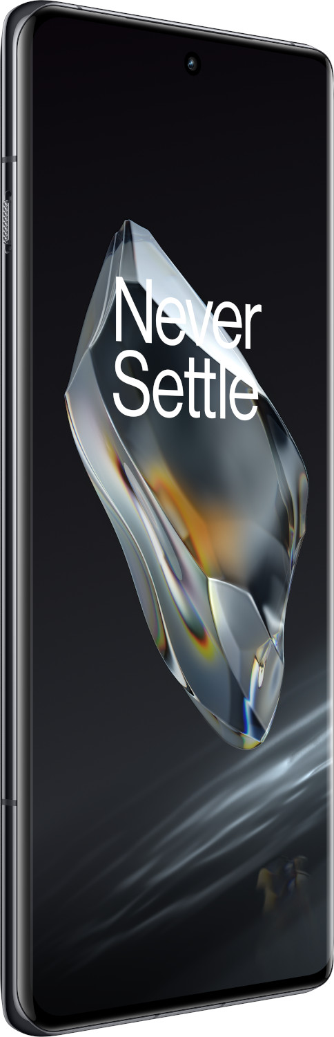 Zwarte smartphone met gebogen scherm en de woorden 'Never Settle'.