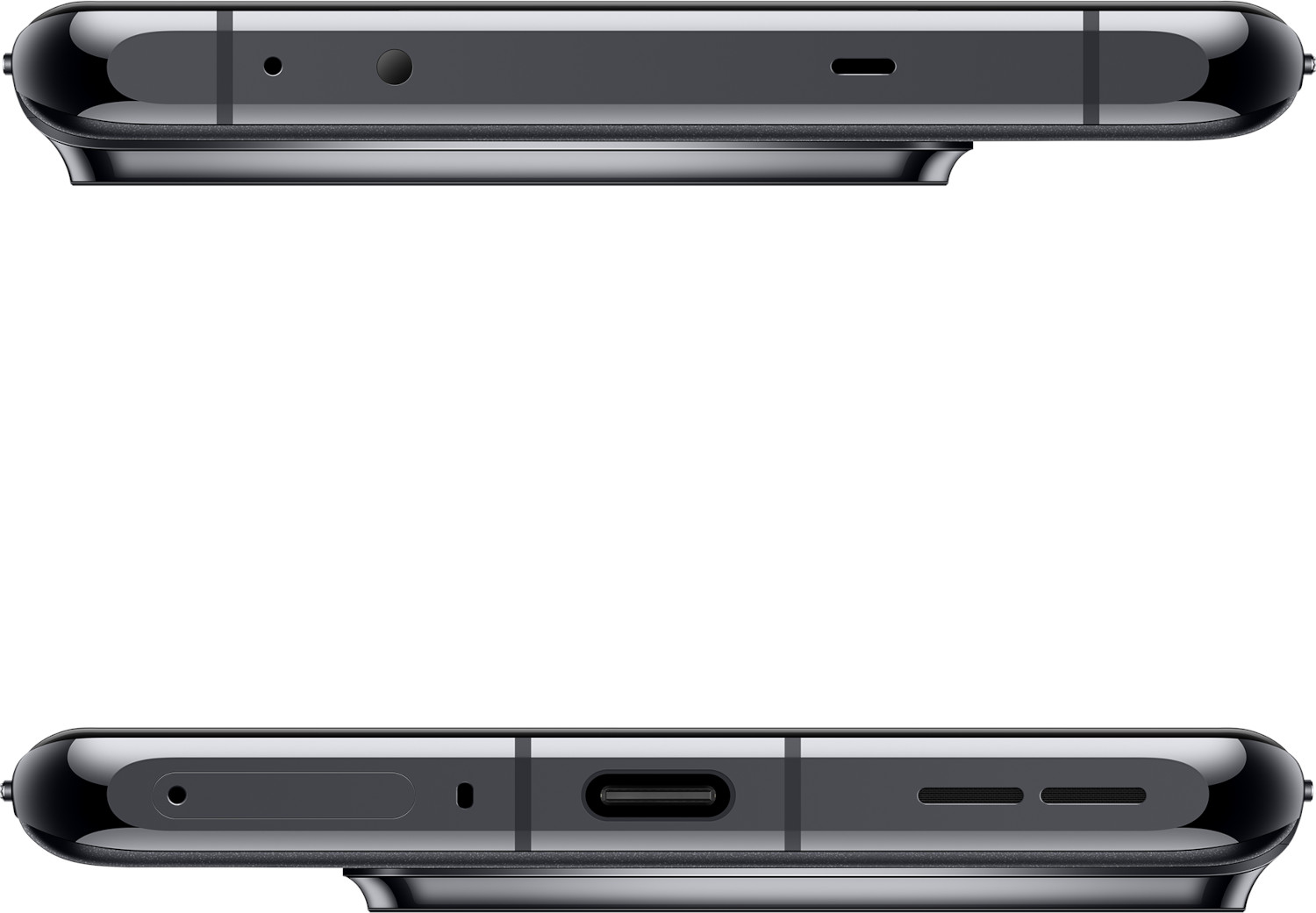 Twee aanzichten van een smartphone: boven en onder, met poorten en luidsprekergaten.