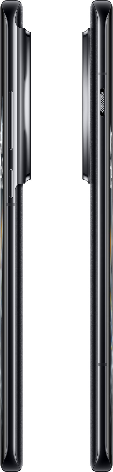 Twee telefoons naast elkaar. Beide zijn zwart en hebben een strak design. Knoppen zijn zichtbaar aan de zijkanten.