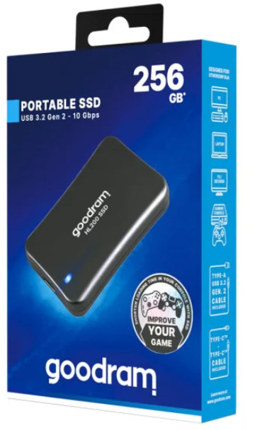 Czarno-niebieskie pudełko przenośnego dysku SSD. Z przodu logo Goodram i zdjęcie dysku SSD.