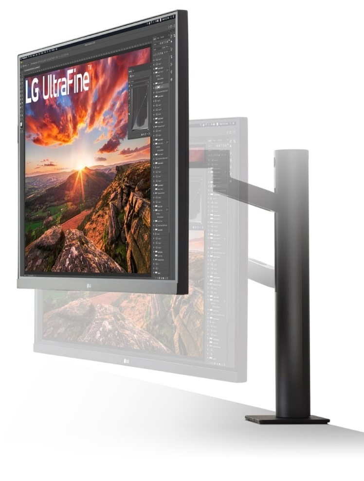 Monitor LG UltraFine, pokazany w dwóch pozycjach. Czarny stojak, monitor wyświetla obraz.