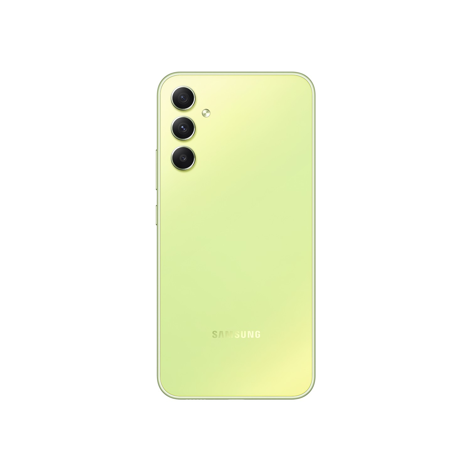 Kireç yeşili akıllı telefonun arka görünümü. Üçlü kamera kurulumuna ve SAMSUNG markasına sahiptir.