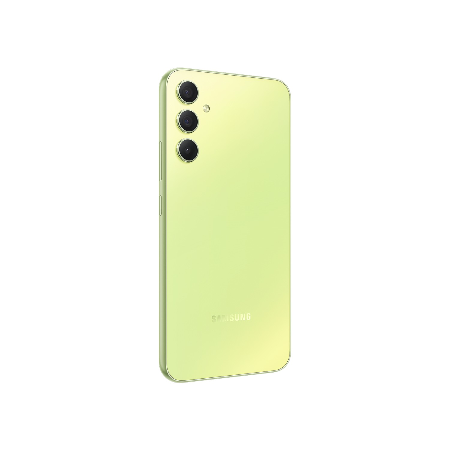 Yeşil Samsung telefon, arka görünüm. Üç kamera ve Samsung logosu görünüyor.